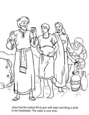 Coloring Pages of Jesus turning Water into Wine & book for kids.