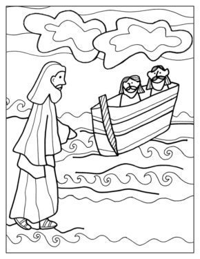 Free Jesus Walks on Water Coloring Pages & book for kids.