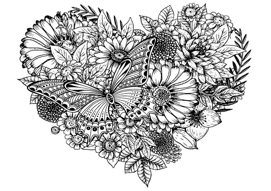 heart flower butterfly coloring pages