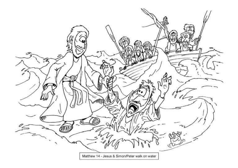 Jesus Calls Walks on Water with Peter Coloring Pages & book for kids.