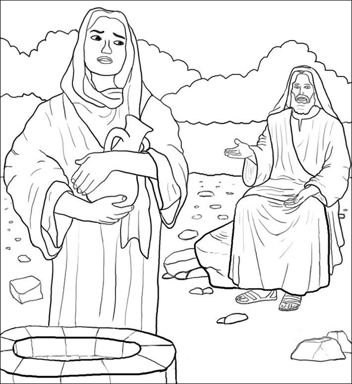 Woman Coming to Draw Water Coloring Pages & book for kids.
